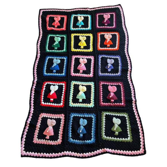 Unique Handmade Crocheted Afghan Sunbonnet Sue Childs Blanket Vintage 44 x 73 - Picture 1 of 10